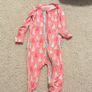 Ruffle Butts Pink and Green Tree Patterned Footie